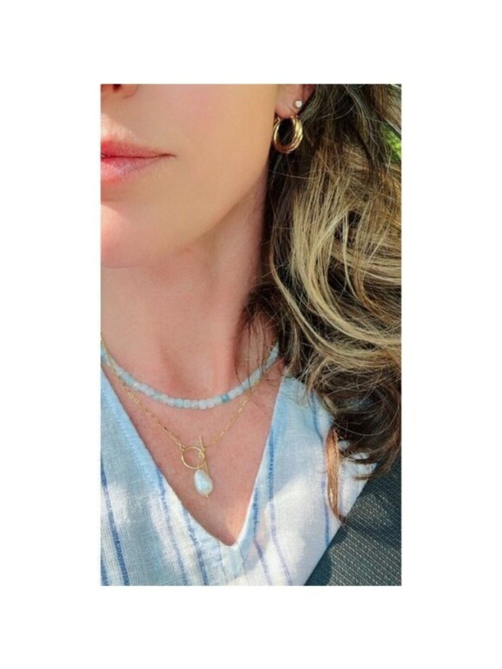 GORGEOUS Aquamarine Beaded Necklace w/Gold Toggle Clasp & Pearl, Reversible - Picture 8 of 11